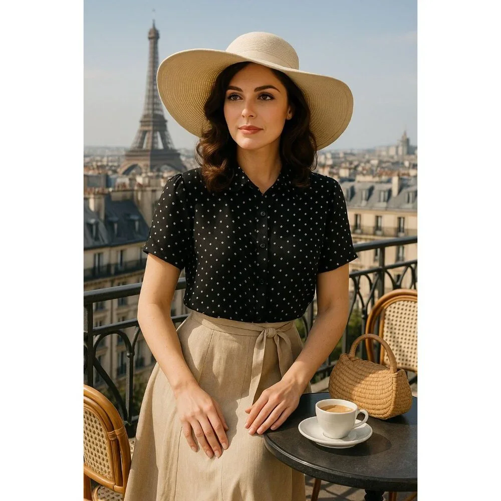 The Limited Silk XL Black White Polka Dot Sheer Blouse Short Sleeve Sheercore - Picture 5 of 11